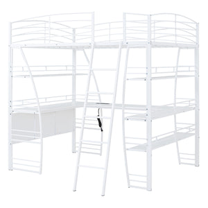 English Elm Full Loft Bed with L-Shaped Desk, 4-Tier Shelving, Metal Guardrails, USB Ports, Wireless Charging, Modern Dorm Room Solution White SF000021AAK