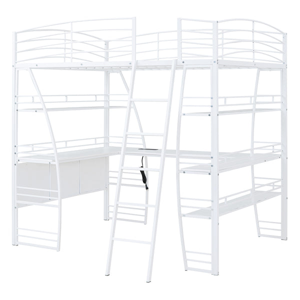 English Elm Full Loft Bed with L-Shaped Desk, 4-Tier Shelving, Metal Guardrails, USB Ports, Wireless Charging, Modern Dorm Room Solution White SF000021AAK