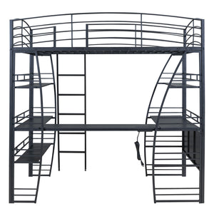 English Elm Full Loft Bed with L-Shaped Desk, 4-Tier Shelving, Metal Guardrails, USB Ports, Wireless Charging, Modern Dorm Room Solution Black SF000021AAB