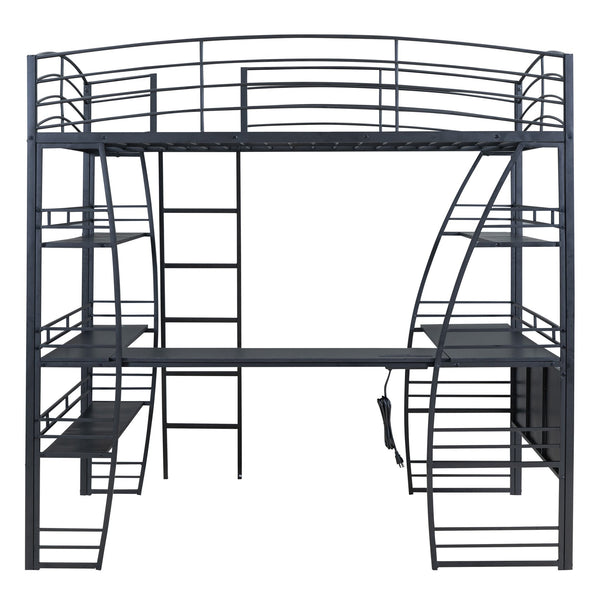 English Elm Full Loft Bed with L-Shaped Desk, 4-Tier Shelving, Metal Guardrails, USB Ports, Wireless Charging, Modern Dorm Room Solution Black SF000021AAB