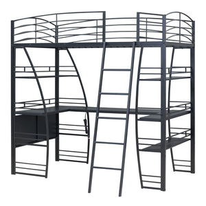 English Elm Twin Loft Bed with L-Shaped Desk, 4 Open Shelves, Built-In Sockets, USBs & Wireless Charging Black SF000020AAB