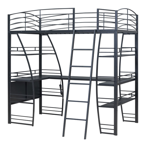 English Elm Twin Loft Bed with L-Shaped Desk, 4 Open Shelves, Built-In Sockets, USBs & Wireless Charging Black SF000020AAB