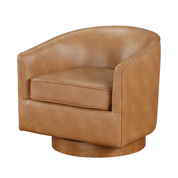 English Elm Maisy Brown Saddle Faux Leather Barrel Swivel Chair with Wood Base, 360° Swivel, Pocket Coil Comfort B050125447