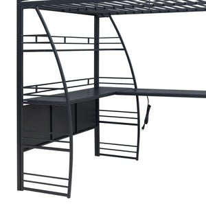 English Elm Full Loft Bed with L-Shaped Desk, 4-Tier Shelving, Metal Guardrails, USB Ports, Wireless Charging, Modern Dorm Room Solution Black SF000021AAB