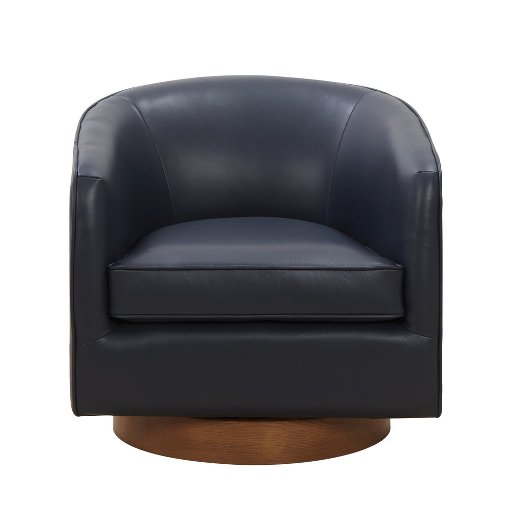English Elm Tessa Midnight Blue Top-Grain Leather Swivel Accent Chair with Pocket Coil Seat and Wood Base B050125413