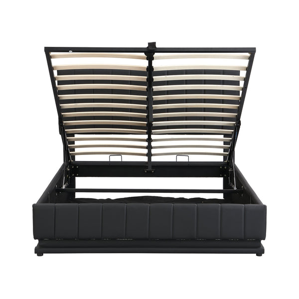 English Elm Full Upholstered Platform Bed with Hydraulic Storage, RGB LED Sensor Lights, USB Sockets, Modern Chic Black SF000031AAB