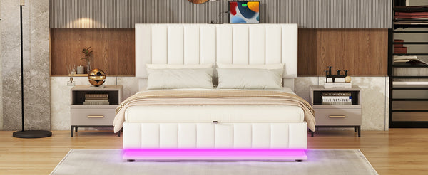 English Elm Queen Upholstered Platform Bed with Hydraulic Storage, RGB LED Sensor Lights, USB Sockets & Modern Design White SF000032AAK