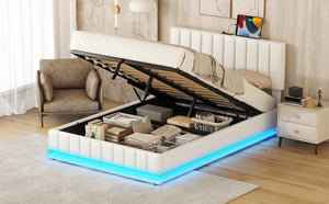 English Elm Full Upholstered Platform Bed with Hydraulic Storage, RGB LED Sensor Lights, USB Sockets, Modern Chic White SF000031AAK