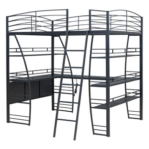 English Elm Full Loft Bed with L-Shaped Desk, 4-Tier Shelving, Metal Guardrails, USB Ports, Wireless Charging, Modern Dorm Room Solution Black SF000021AAB