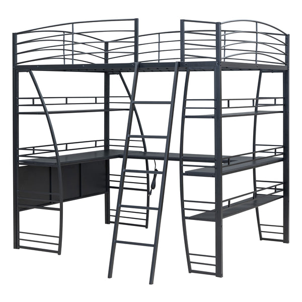 English Elm Full Loft Bed with L-Shaped Desk, 4-Tier Shelving, Metal Guardrails, USB Ports, Wireless Charging, Modern Dorm Room Solution Black SF000021AAB