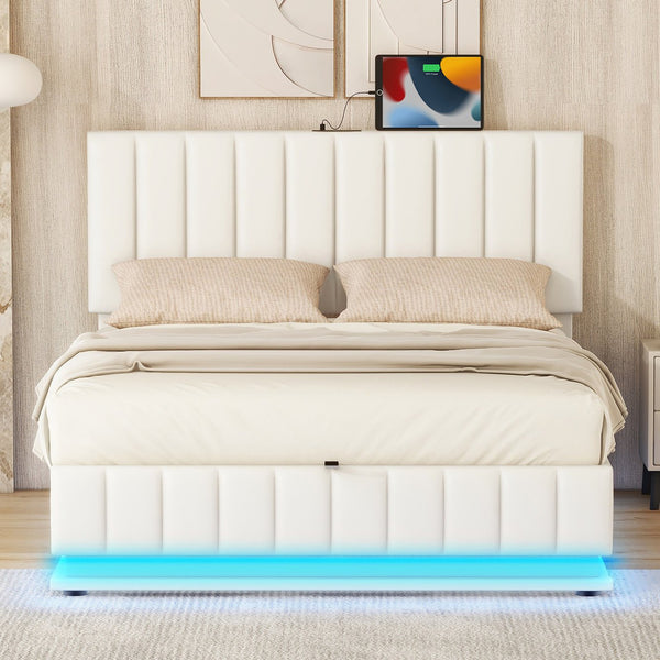 English Elm Full Upholstered Platform Bed with Hydraulic Storage, RGB LED Sensor Lights, USB Sockets, Modern Chic White SF000031AAK