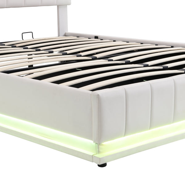 English Elm Queen Upholstered Platform Bed with Hydraulic Storage, RGB LED Sensor Lights, USB Sockets & Modern Design White SF000032AAK