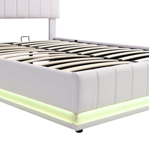 English Elm Full Upholstered Platform Bed with Hydraulic Storage, RGB LED Sensor Lights, USB Sockets, Modern Chic White SF000031AAK