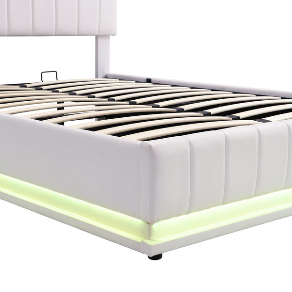 English Elm Full Upholstered Platform Bed with Hydraulic Storage, RGB LED Sensor Lights, USB Sockets, Modern Chic White SF000031AAK