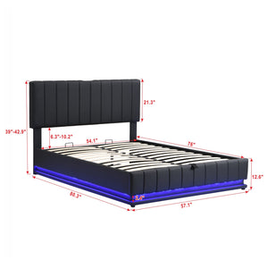 English Elm Full Upholstered Platform Bed with Hydraulic Storage, RGB LED Sensor Lights, USB Sockets, Modern Chic Black SF000031AAB