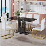 Hearth and Haven 1 Table and 6 Chairs. Modern, Simple and Luxurious Black Imitation Marble Rectangular Dining Table and Desk with 6 White Leatherette Gold Plated Leg Chairs 63'' X 35.4'' X 30'' W1151S00450