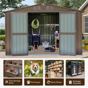 English Elm Outdoor Galvanized Steel Storage Shed 10x8 Lockable Double Door Backyard Organizer W1859S00040