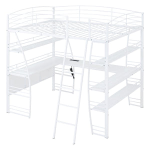 English Elm Full Loft Bed with L-Shaped Desk, 4-Tier Shelving, Metal Guardrails, USB Ports, Wireless Charging, Modern Dorm Room Solution White SF000021AAK