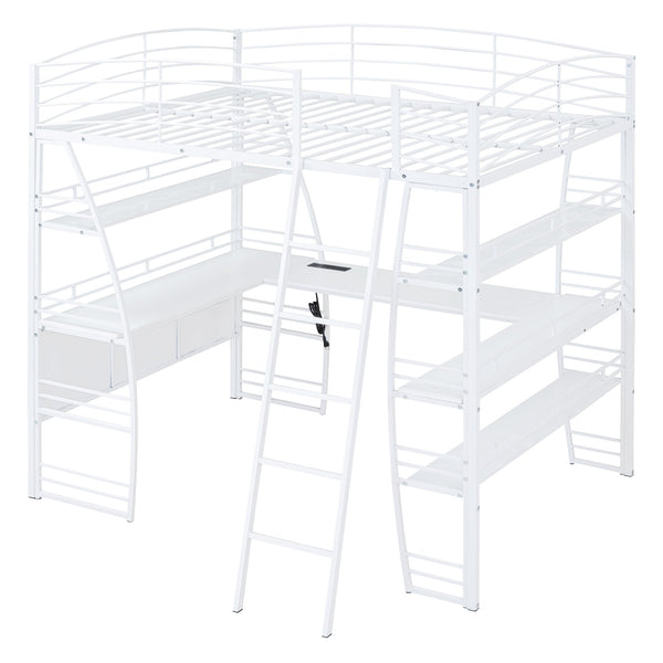 English Elm Full Loft Bed with L-Shaped Desk, 4-Tier Shelving, Metal Guardrails, USB Ports, Wireless Charging, Modern Dorm Room Solution White SF000021AAK