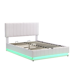 English Elm Full Upholstered Platform Bed with Hydraulic Storage, RGB LED Sensor Lights, USB Sockets, Modern Chic White SF000031AAK