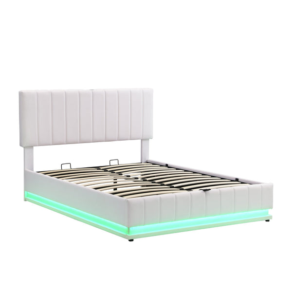 English Elm Full Upholstered Platform Bed with Hydraulic Storage, RGB LED Sensor Lights, USB Sockets, Modern Chic White SF000031AAK