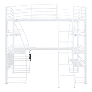 English Elm Full Loft Bed with L-Shaped Desk, 4-Tier Shelving, Metal Guardrails, USB Ports, Wireless Charging, Modern Dorm Room Solution White SF000021AAK