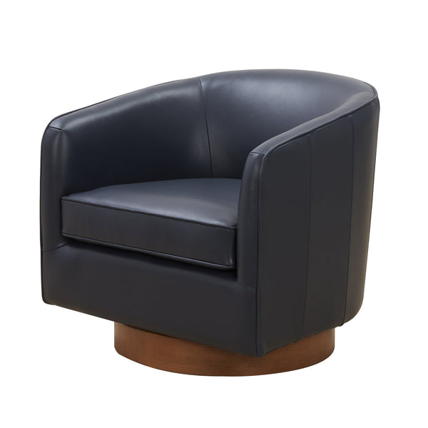 English Elm Tessa Midnight Blue Top-Grain Leather Swivel Accent Chair with Pocket Coil Seat and Wood Base B050125413