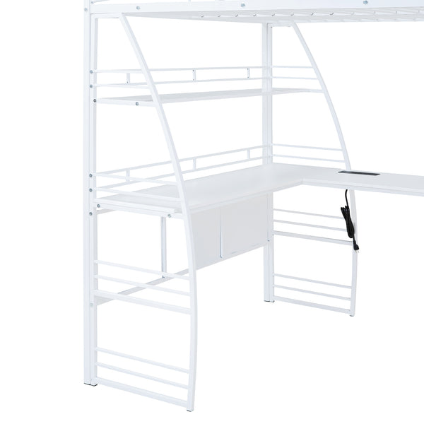 English Elm Full Loft Bed with L-Shaped Desk, 4-Tier Shelving, Metal Guardrails, USB Ports, Wireless Charging, Modern Dorm Room Solution White SF000021AAK