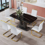 Hearth and Haven 1 Table and 6 Chairs. Modern, Simple and Luxurious Black Imitation Marble Rectangular Dining Table and Desk with 6 White Leatherette Gold Plated Leg Chairs 63'' X 35.4'' X 30'' W1151S00450