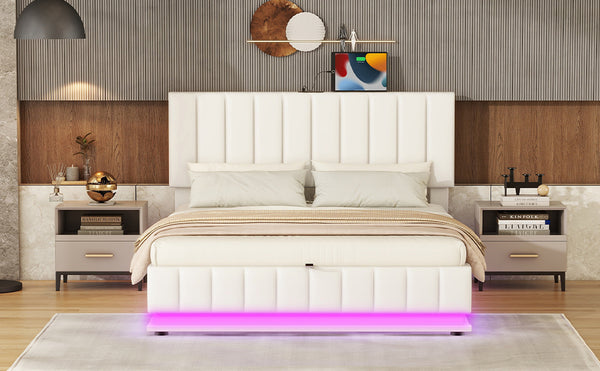 English Elm Queen Upholstered Platform Bed with Hydraulic Storage, RGB LED Sensor Lights, USB Sockets & Modern Design White SF000032AAK