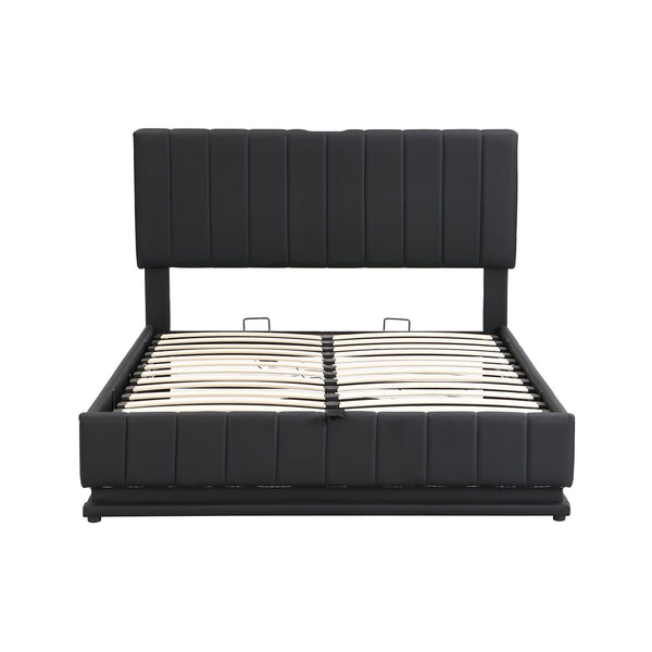 English Elm Full Upholstered Platform Bed with Hydraulic Storage, RGB LED Sensor Lights, USB Sockets, Modern Chic Black SF000031AAB