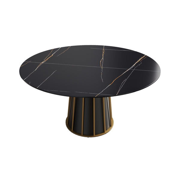 English Elm 59.05"Modern Artificial Stone Round Dining Table With Black Iron Base - Seats 6-8 For Stylish Meals W1535S00260