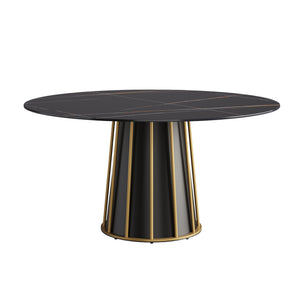 English Elm 59.05"Modern Artificial Stone Round Dining Table With Black Iron Base - Seats 6-8 For Stylish Meals W1535S00260