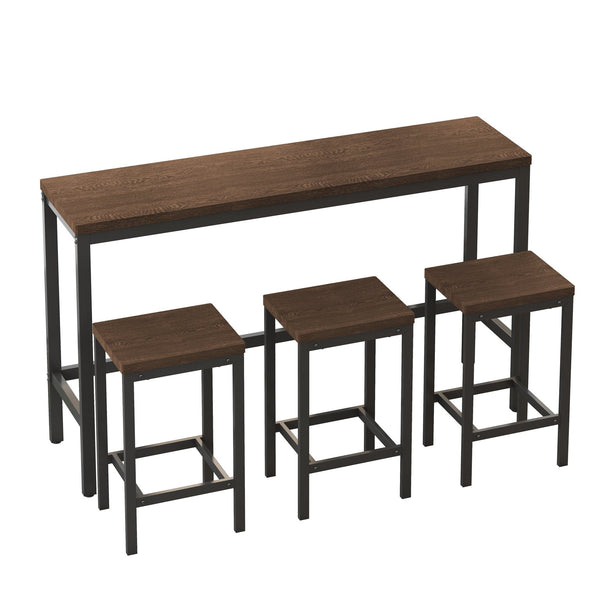 English Elm Modern Rustic Kitchen Dining Table Set with 3 Stools, Space-Saving 60" Pub Table, Dark Brown Metal MDF Finish W757P247711