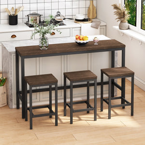 English Elm Modern Rustic Kitchen Dining Table Set with 3 Stools, Space-Saving 60" Pub Table, Dark Brown Metal MDF Finish W757P247711