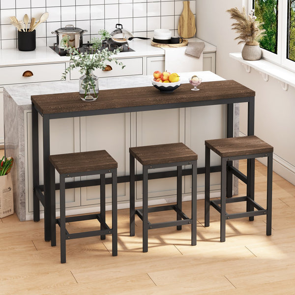 English Elm Modern Rustic Kitchen Dining Table Set with 3 Stools, Space-Saving 60" Pub Table, Dark Brown Metal MDF Finish W757P247711