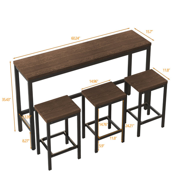 English Elm Modern Rustic Kitchen Dining Table Set with 3 Stools, Space-Saving 60" Pub Table, Dark Brown Metal MDF Finish W757P247711