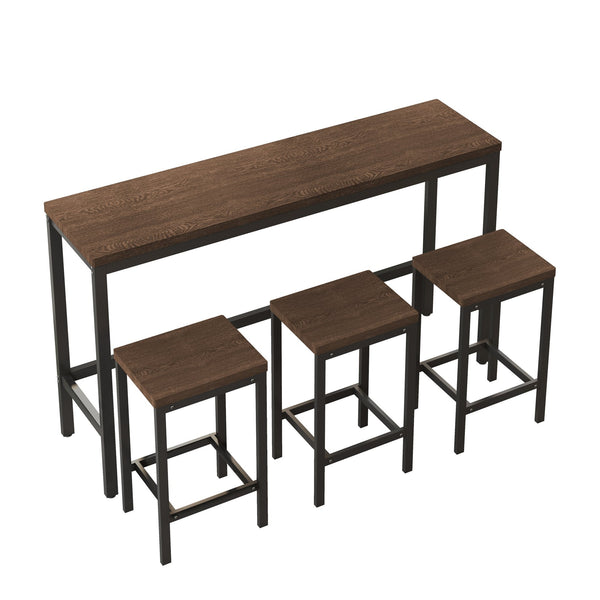 English Elm Modern Rustic Kitchen Dining Table Set with 3 Stools, Space-Saving 60" Pub Table, Dark Brown Metal MDF Finish W757P247711