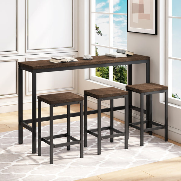 English Elm Modern Rustic Kitchen Dining Table Set with 3 Stools, Space-Saving 60" Pub Table, Dark Brown Metal MDF Finish W757P247711