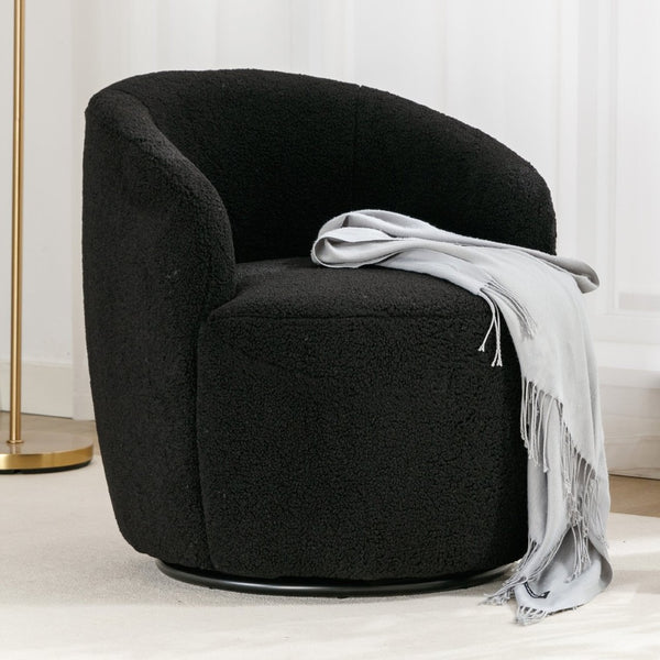 English Elm Teddy Plush Barrel Swivel Chair with Metal Ring Base for Living Room Reading Nook Black W527109489