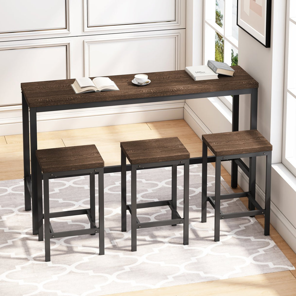 English Elm Modern Rustic Kitchen Dining Table Set with 3 Stools, Space-Saving 60" Pub Table, Dark Brown Metal MDF Finish W757P247711