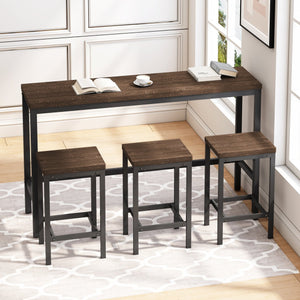 English Elm Modern Rustic Kitchen Dining Table Set with 3 Stools, Space-Saving 60" Pub Table, Dark Brown Metal MDF Finish W757P247711