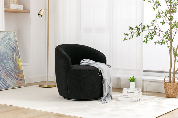 English Elm Teddy Plush Barrel Swivel Chair with Metal Ring Base for Living Room Reading Nook Black W527109489