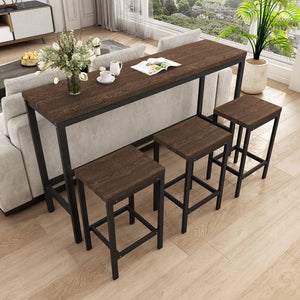 English Elm Modern Rustic Kitchen Dining Table Set with 3 Stools, Space-Saving 60" Pub Table, Dark Brown Metal MDF Finish W757P247711