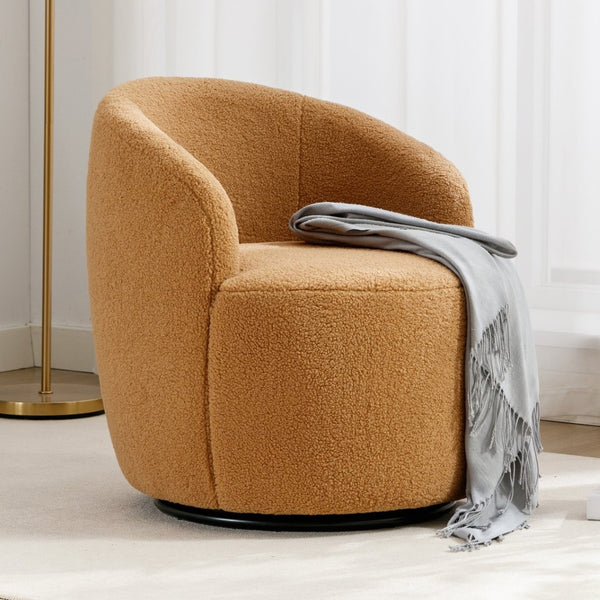 English Elm Teddy Plush Barrel Swivel Chair with Metal Ring Base for Living Room Reading Nook Khaki W527109488