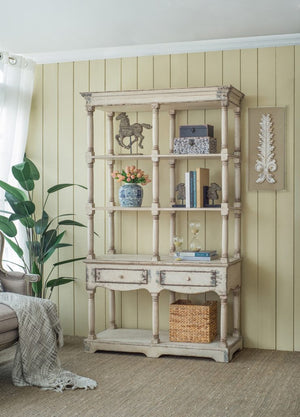 English Elm 51x19.5x81.5" Adela Solid Fir Wood Tall Bookcase Distressed White French Country Etagere W2078P170345