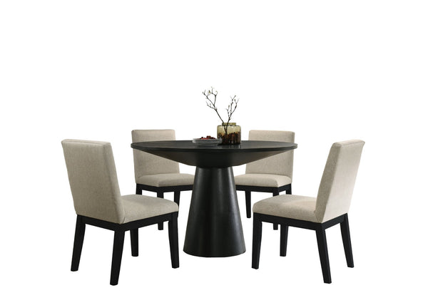 English Elm Jasper Round Pedestal Dining Set Five Piece Ebony Lacquer with Beige Fabric Seats B061S00735