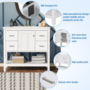 English Elm 36" White Oak Bathroom Vanity with Resin Sink Usb Charging and Three Drawers SV000009AAW