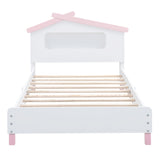 English Elm Twin Size Wood Platform Bed With House-Shaped Headboard and Motion Activated Night Lights (White+Pink)