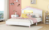 English Elm Full Size Wood Platform Bed With House-Shaped Headboard and Motion Activated Night Lights (White+Pink)